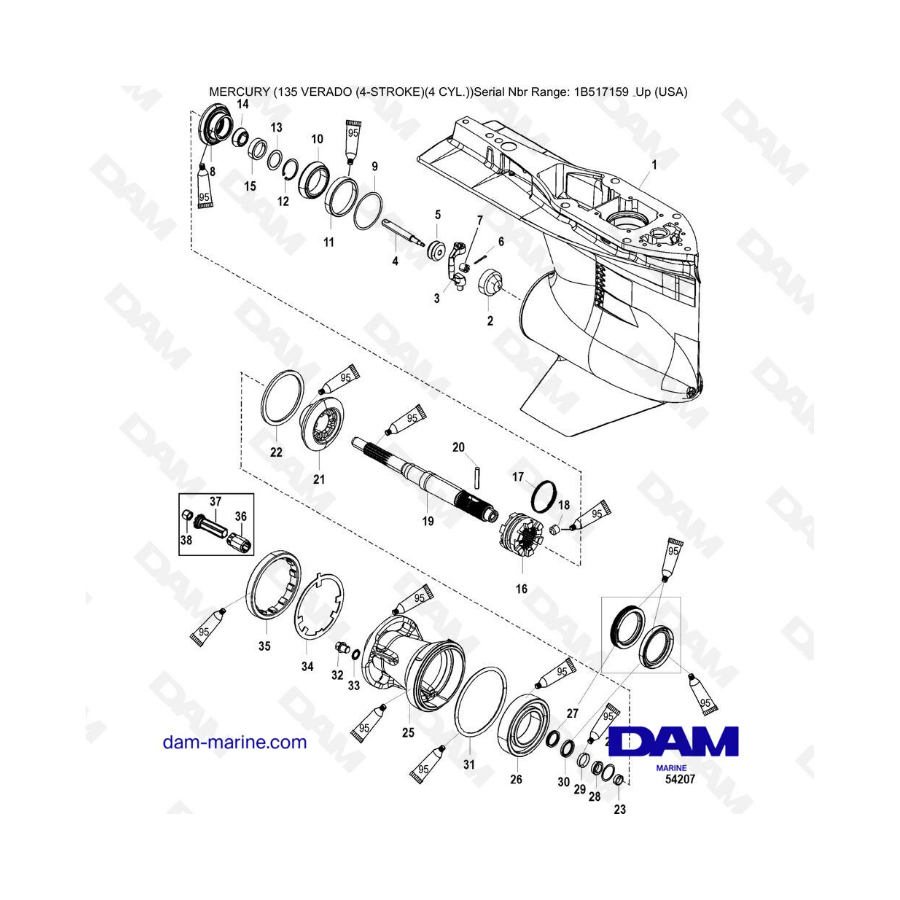 Mercury Verado 135 (SN 1B517159 & more) - Gear housing, propeller shaft-std rotation 2B026817 & + 