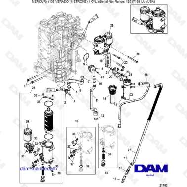 Mercury Verado 135 (SN 1B517159 & plus) - Starboard cylinder block/oil cooler (1B830999 & -)