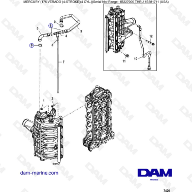 Mercury Verado 175 (SN 1B227000 à 1B381711) - Charge cooler / Intake manifold Hose routings