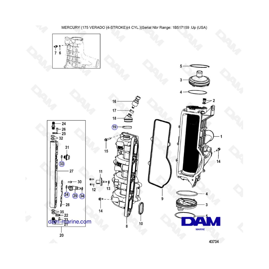 Mercury Verado 175 (1B517159 & +) - Charge cooler/Intake Manifold (Gen II)