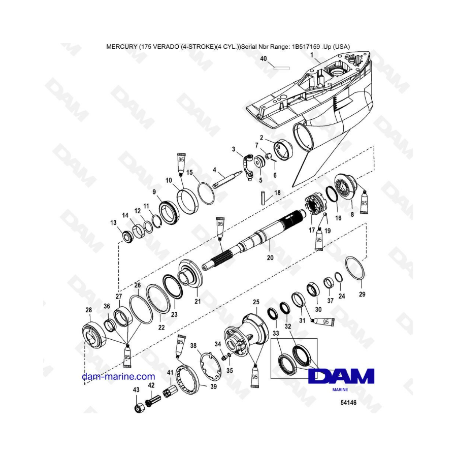 Mercury Verado 175 (1B517159 & +) - Gear housing, prop shaft-counter rotation 2B026817 & +
