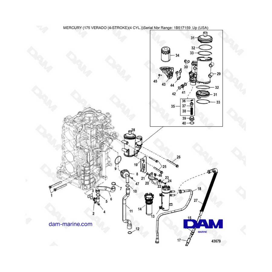 Mercury Verado 175 (1B517159 & +) - Starboard Cylinder block/ Oil cooler (1B831000 & above) 