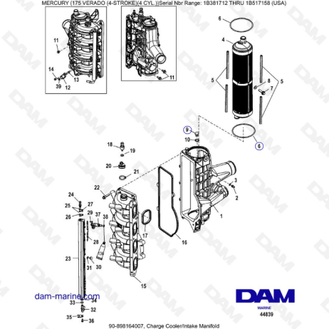 Mercury Verado 175 NS 1B381712 to 1B517158 - Charge cooler/Intake manifold hose routings