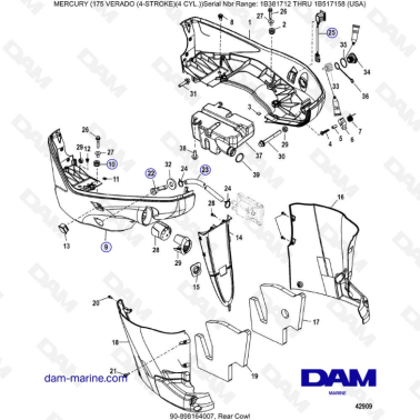 Mercury Verado 175 NS 1B381712 à 1B517158 - Rear cowl, latch assembly