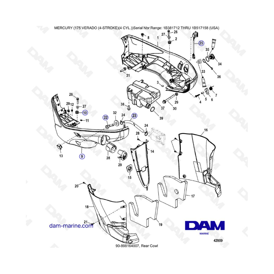 Mercury Verado 175 NS 1B381712 à 1B517158 - Rear cowl, latch assembly