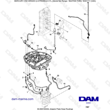Mercury Verado 150 (NS 1B227000 à 1B381711) - Adaptor plate hose routings