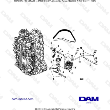 Mercury Verado 150 (NS 1B227000 à 1B381711) - Alternator/Belt tensioner mounting