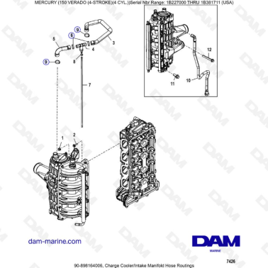 Mercury Verado 150 (NS 1B227000 à 1B381711) - Charge cooler/Intake manifold hose routings