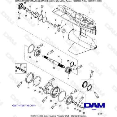 Mercury Verado 150 (NS 1B227000 à 1B381711) - Gear housing, propeller shaft, standard rotation