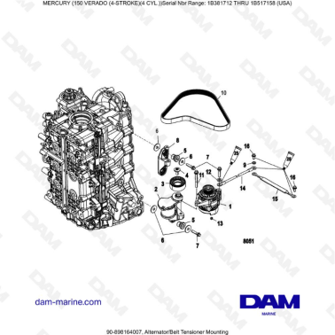 Mercury Verado 150 (SN 1B381712 à 1B517158) - Alternator/Belt tensioner mounting
