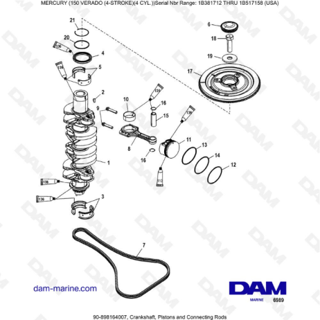 Mercury Verado 150 (SN 1B381712 à 1B517158) - Crankshaft, pistons & connecting rods