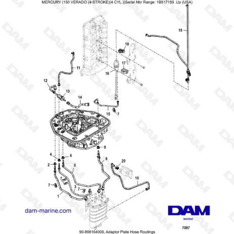 Mercury Verado 150 (SN 1B381712 à 1B517158) - Adaptor plate hose routings