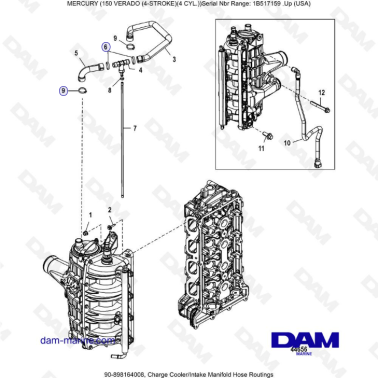 Mercury Verado 150 (SN 1B517158 & +) - Charge cooler/Intake manifold hose routings