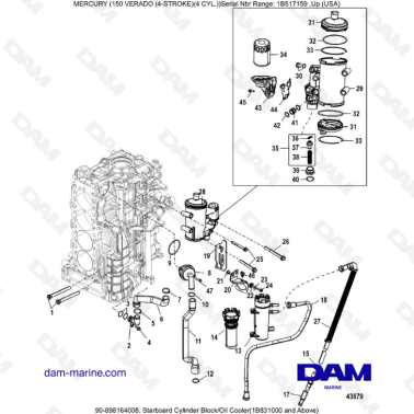 Mercury Verado 150 (SN 1B517159 & +) - Starboard cylinder block.oil cooler (1B831000 & above)