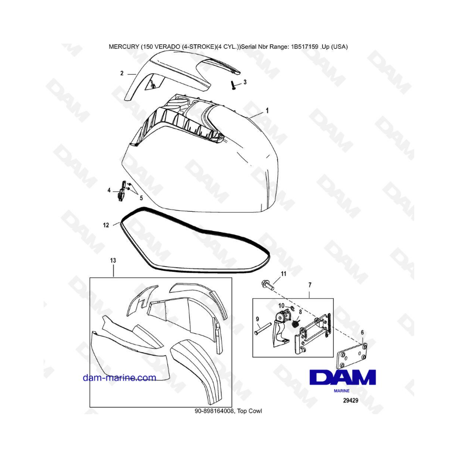 Mercury Verado 150 (SN 1B517159 & +) Top cowl DAM Marine