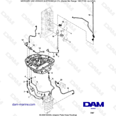 Mercury Verado 200 (4 Cylindres) - Adaptor plate hose routings