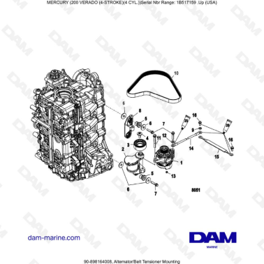 Mercury Verado 200 (4 Cylindres) - Alternator/Belt tensioner mounting