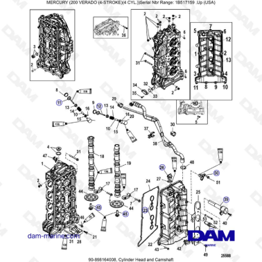 Mercury Verado 200 (4 Cylindres) - Cylinder head & camshaft