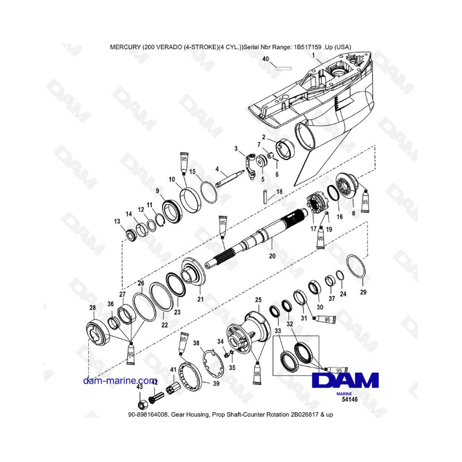 Mercury Verado 200 (4 Cylindres) - Gear housing, prop shaft-counter rotation 2B026817 & +