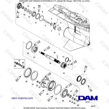 Mercury Verado 200 (4 Cylindres) - Gear housing, propeller shaft-std rotation 2B026816 & -