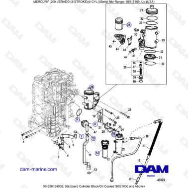 Mercury Verado 200 (4 Cylindres) - Starboard cylinder block/Oil cooler (1B831000 & +)
