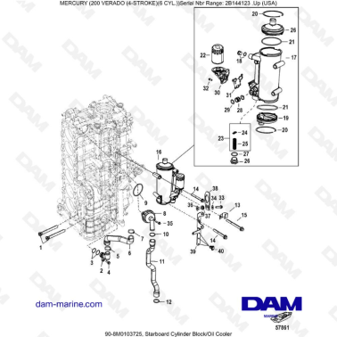 Mercury 200 Verado (6 Cyl) (2B144123 & +) - Starboard cylinder block/Oil cooler