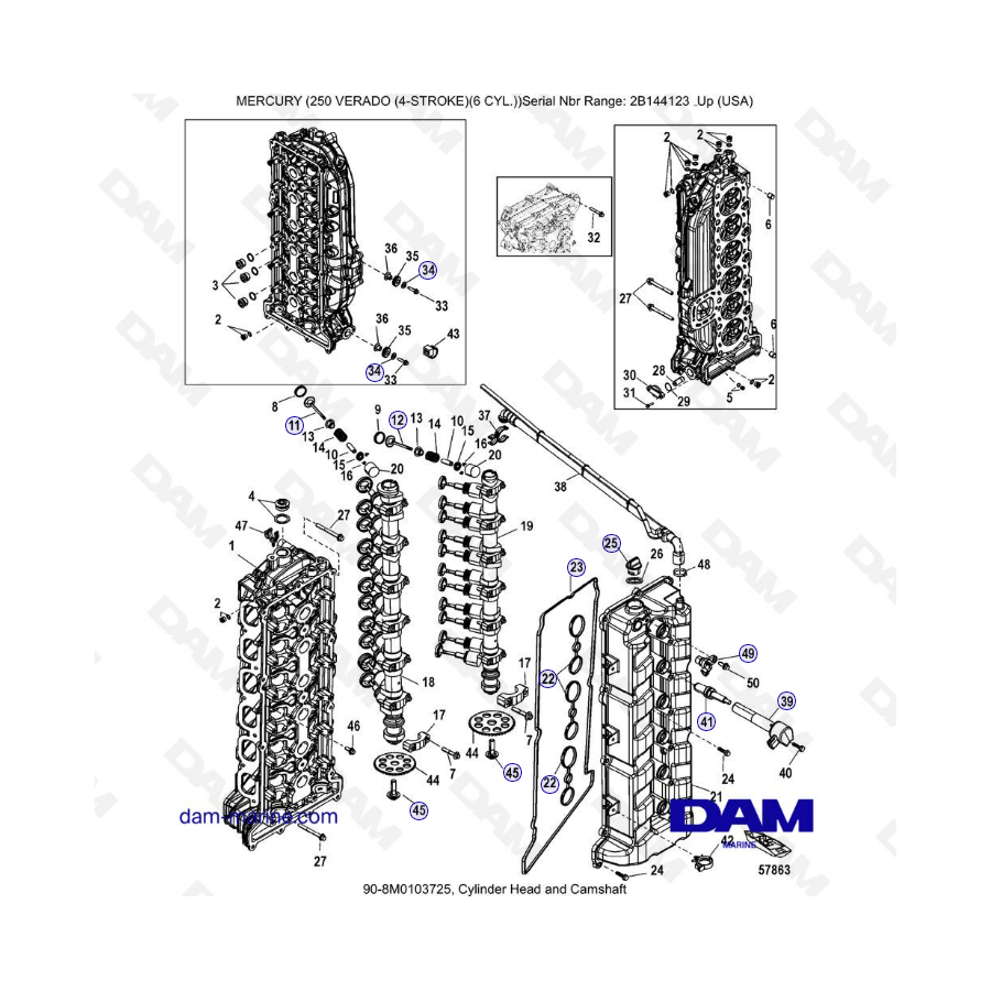 Mercury 225 Verado (SN 2B144123 & +) - Cylinder head & camshaft