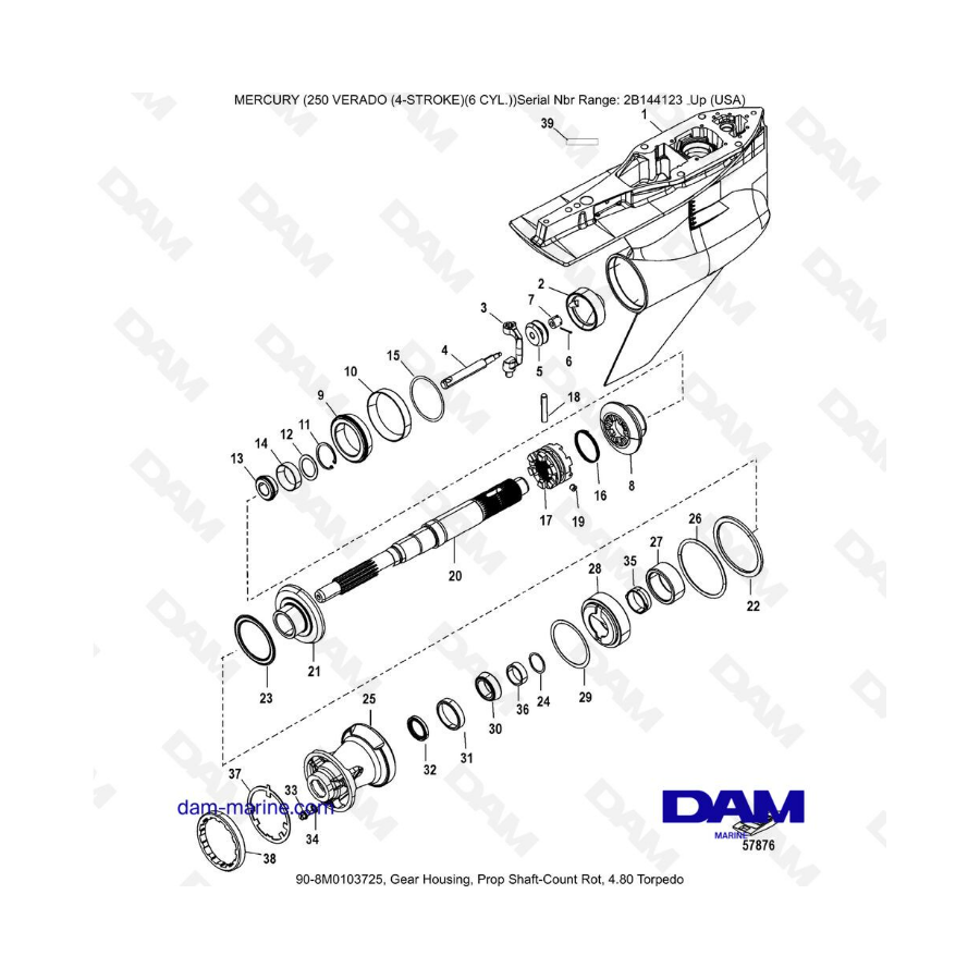 Mercury 225 Verado (SN 2B144123 & +) - Gear housing, prop shaft-count rot, 4.80 Torpedo