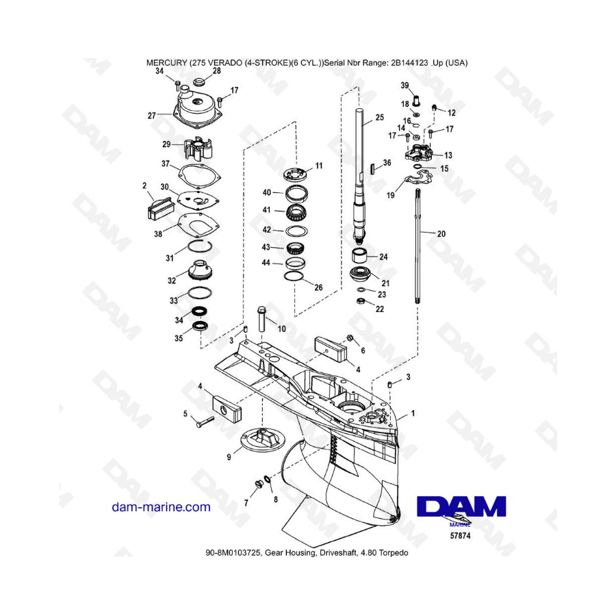 Mercury 275 Verado (6 Cyl) (SN 2B144123 & +) - Gear housing, driveshaft, 4.80 Torpedo 