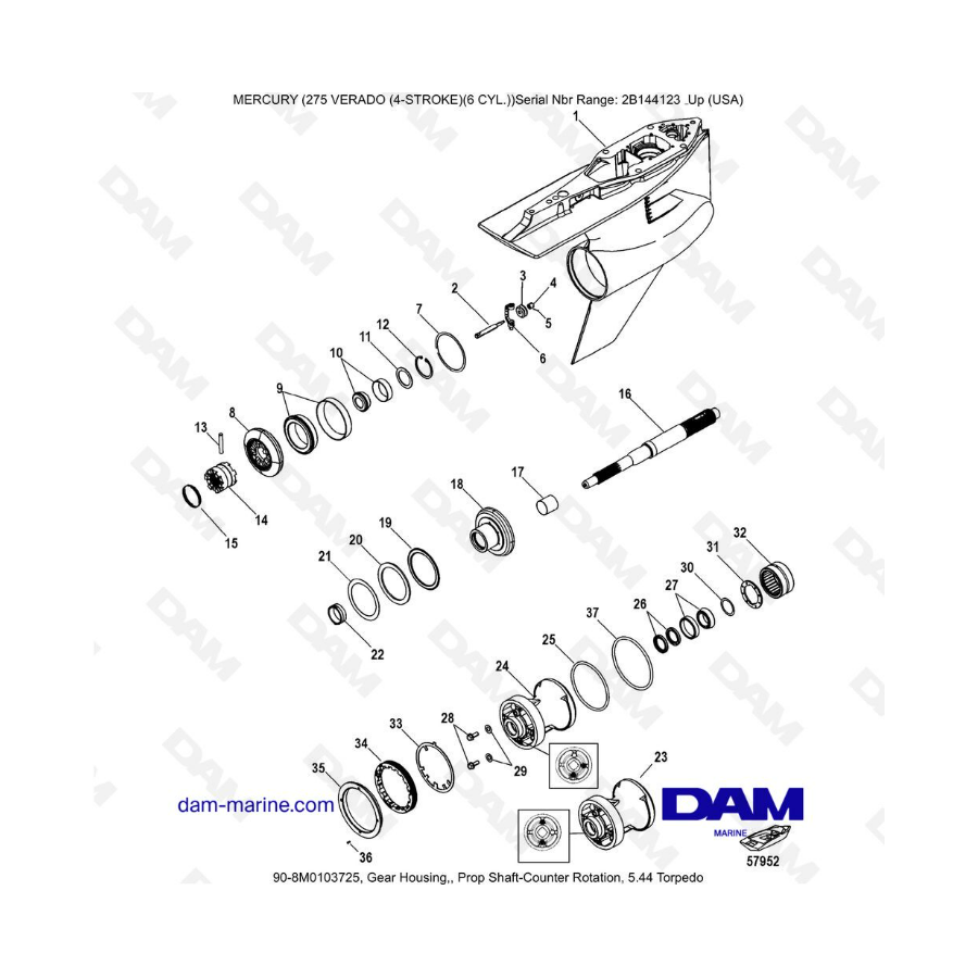 Mercury 275 Verado (6 Cyl) (SN 2B144123 & ) - Gear housing, prop shaft-counter rotation, 5.44 torpedo 