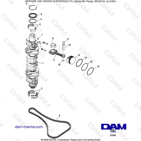 Mercury Verado 300 (SN2B144123 & ) - Crankshaft, pistons and connecting rods
