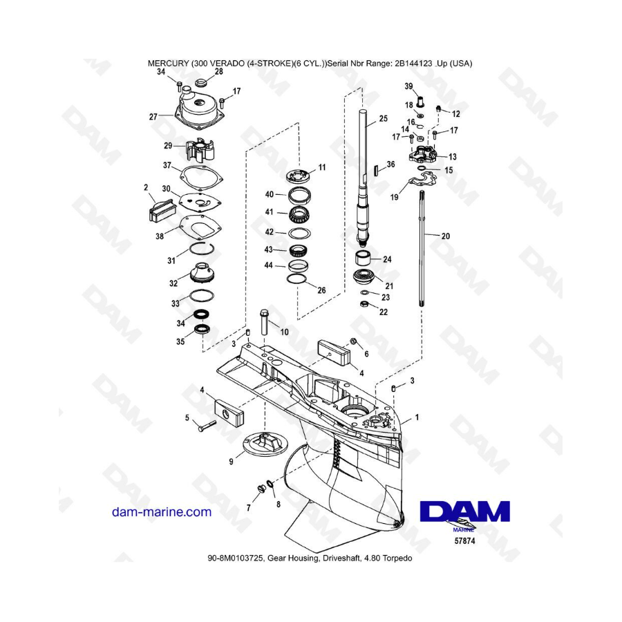 Mercury Verado 300 (SN2B144123 y +) - Caja de engranajes, eje de transmisión, 4.80 Torpedo 