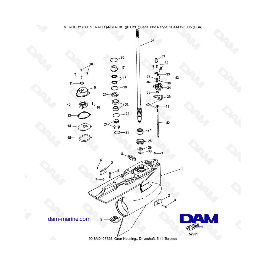 Mercury Verado 300 (SN2B144123 & ) - Gear housing, driveshaft 5.44 Torpedo 