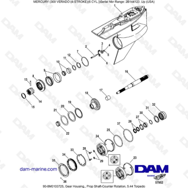 Mercury Verado 300 (SN2B144123 & +) - Gear housing, prop shaft-counter rotation, 5.44 Torpedo