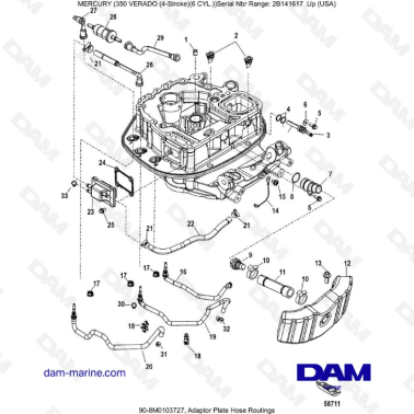 Mercury Verado 350 (SN2B144123 & +) - Adaptor plate hose routings