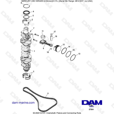 Mercury Verado 350 (SN2B144123 & +) - Crankshaft, pistons & connecting rods