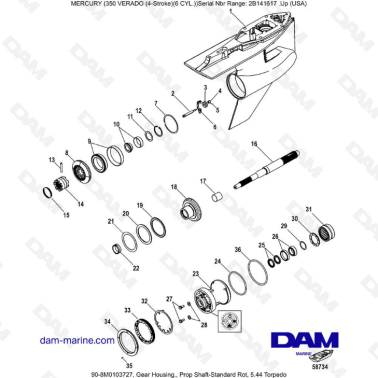 Mercury 350 Verado (6 CYL) - Gear Housing,, Prop Shaft-Standard Rot, 5.44 Torpedo
