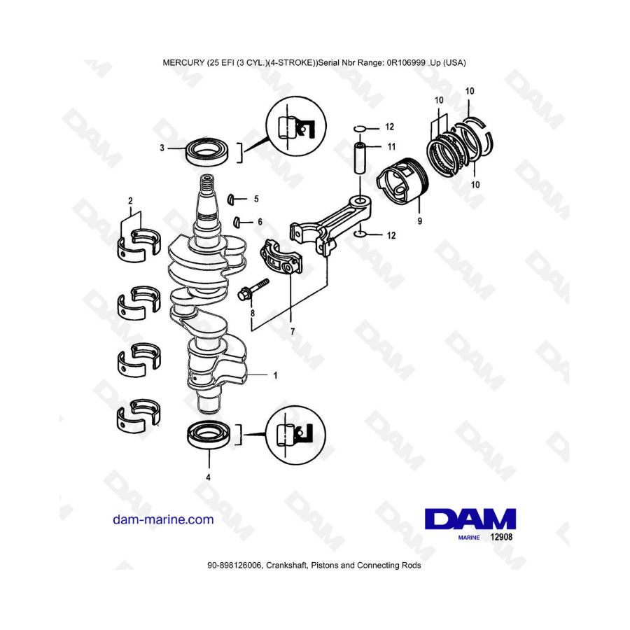 Mercury EFI 25cv - Crankshaft, Pistons & connecting rods Mercury EFI 25cv - Crankshaft, Pistons & connecting rods