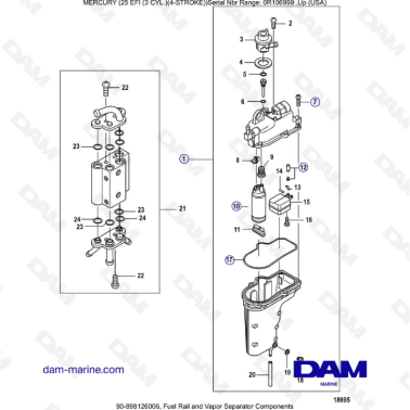 Mercury 25 EFI - Fuel rail & vapor separator components