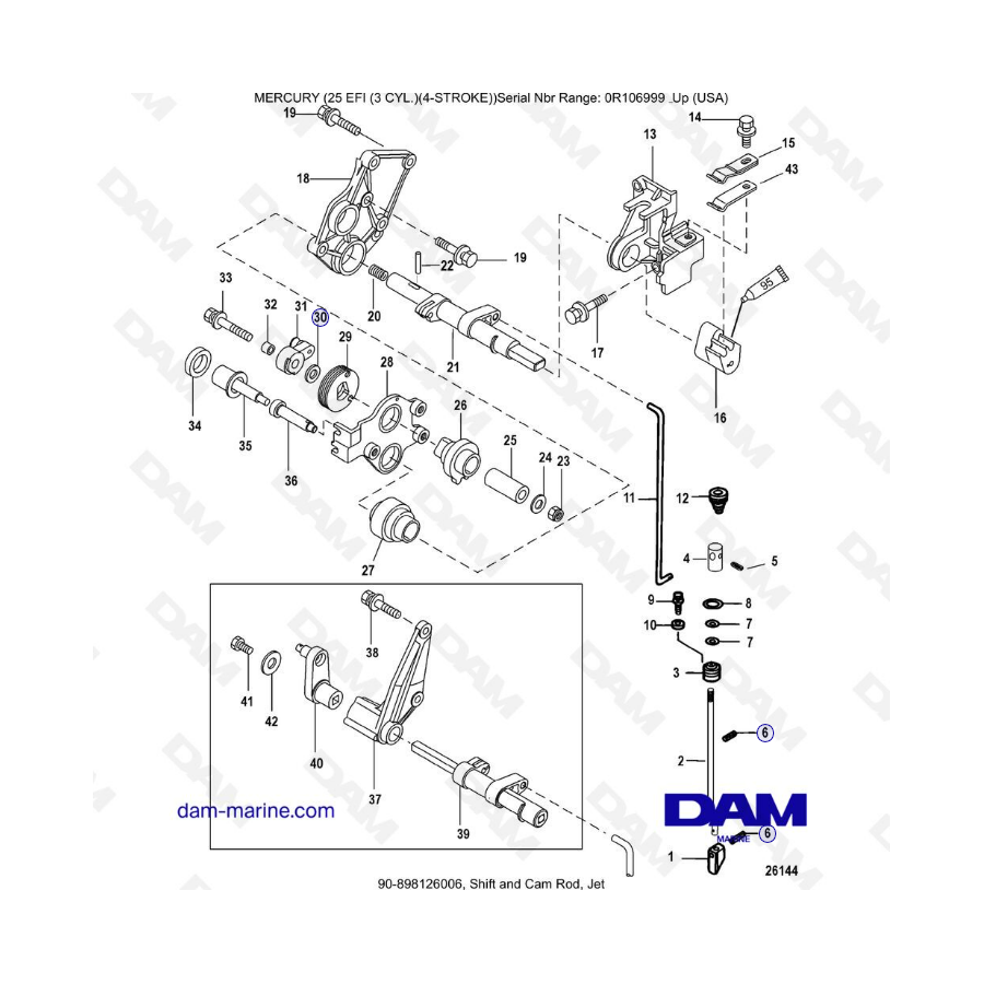 Mercury 25 EFI - Shift & cam rod, jet