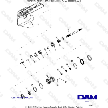 Mercury 75 EFI - Gear Housing, Propeller Shaft, 2.07:1 Standard Rotation