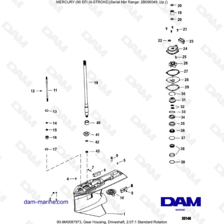 Mercury 90 EFI - Caja de engranajes, Eje de transmisión, Rotación estándar 2.07:1