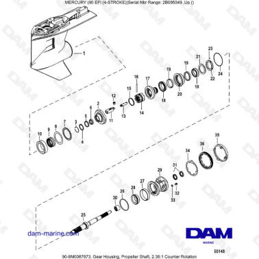 Mercury 90 EFI - Gear Housing, Propeller Shaft, 2.38:1 Counter Rotation