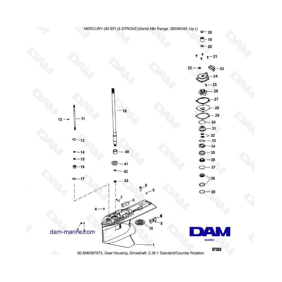 Mercury 90 EFI - Caja de engranajes, eje de transmisión, rotación estándar/contrarrotación de 2,38:1