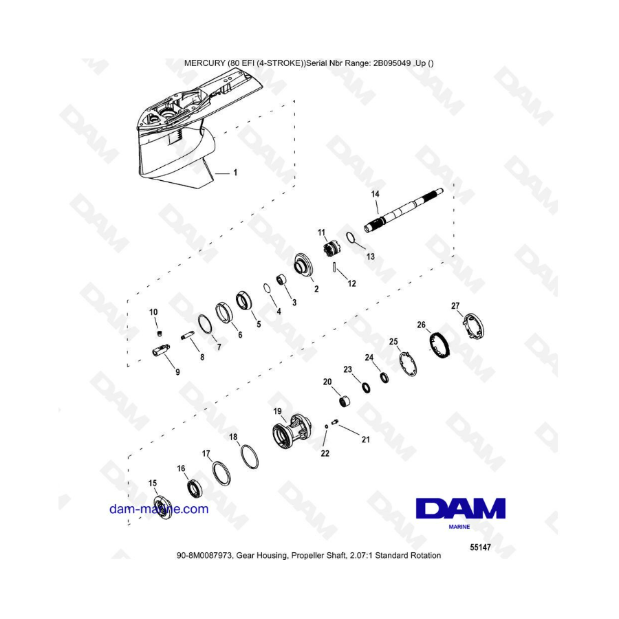 Mercury 90 EFI - Gear Housing, Propeller Shaft, 2.07:1 Standard Rotation