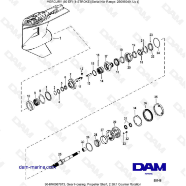 Mercury 90 EFI - Gear Housing, Propeller Shaft, 2.38:1 Counter Rotation