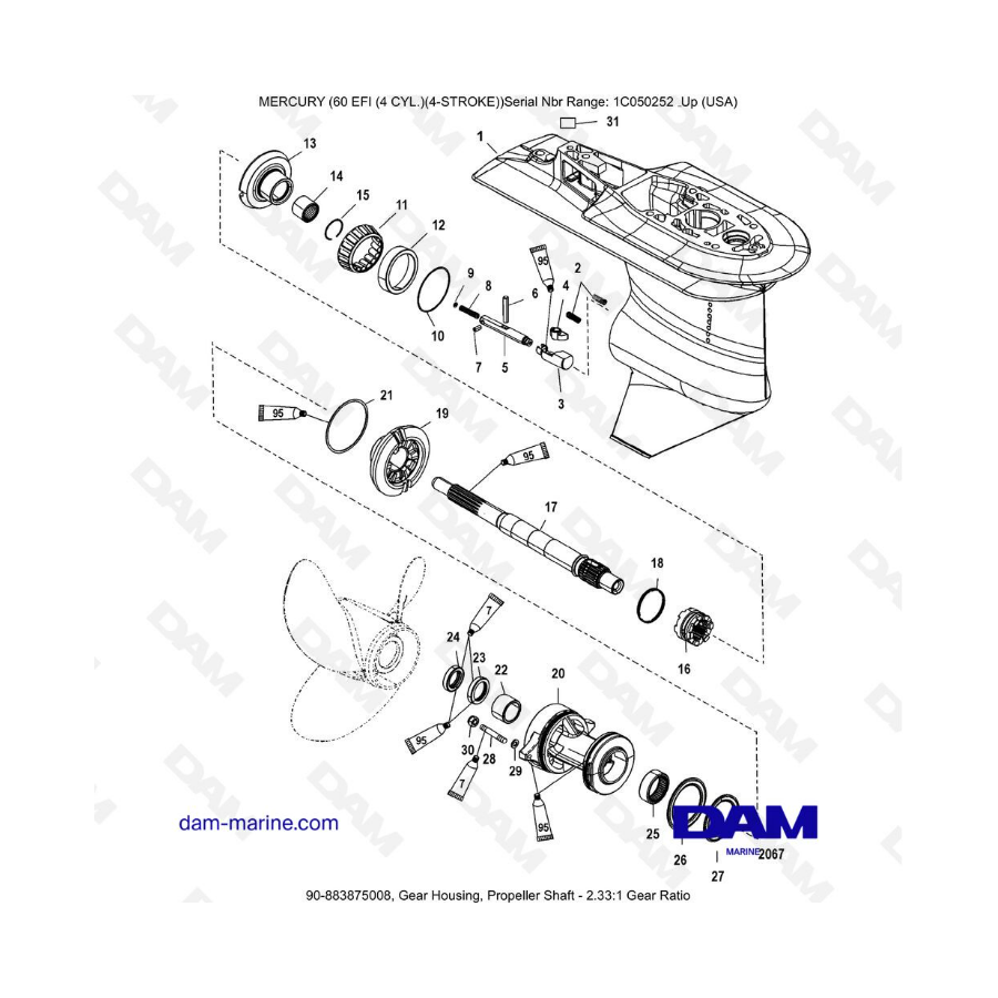 Mercury 60 EFI - Gear Housing, Propeller Shaft - 2.33:1 Gear Ratio