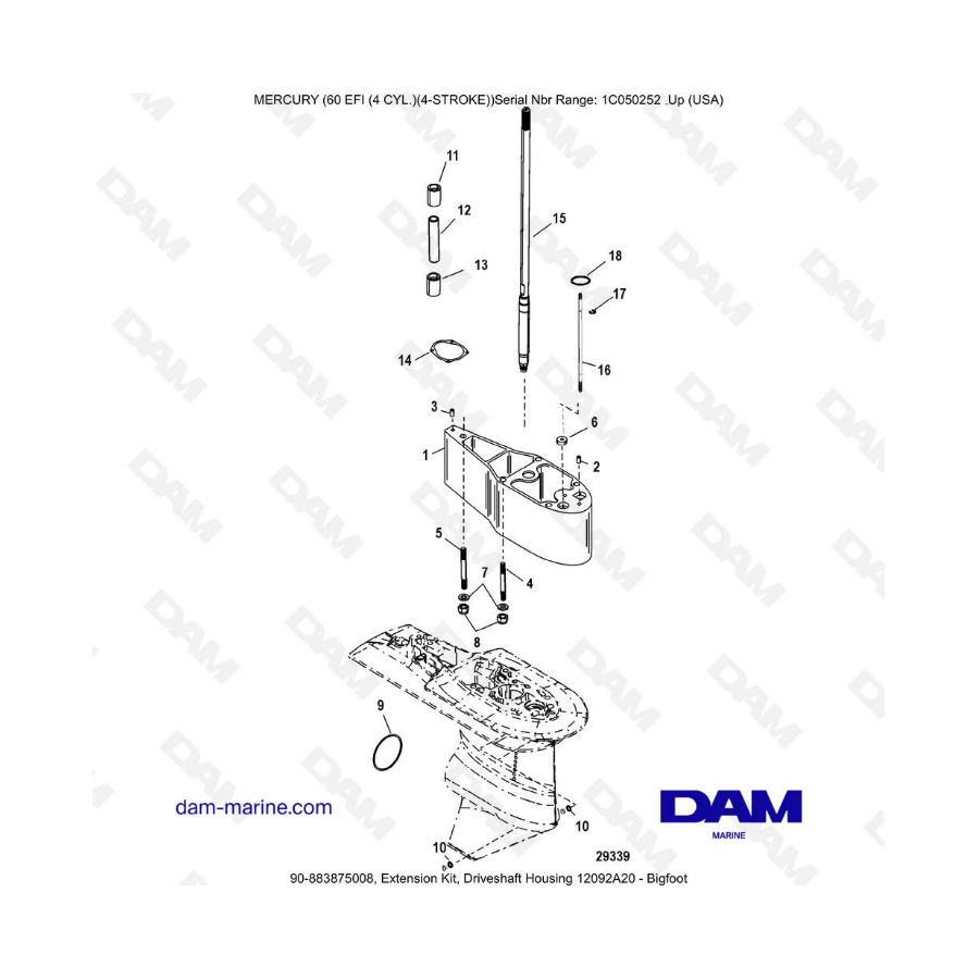 Mercury 60 EFI - Kit de extensión, carcasa del eje de transmisión 12092A20 - Bigfoot