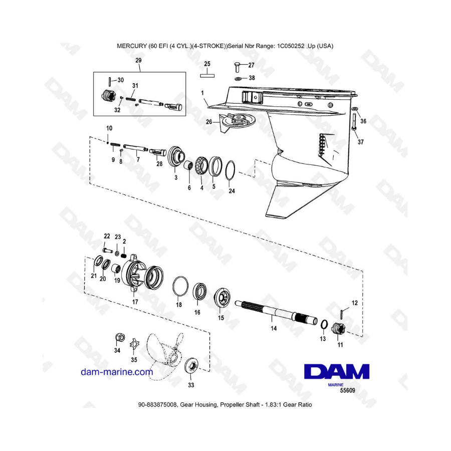 Mercury 60 EFI - Gear Housing, Propeller Shaft - 1.83:1 Gear Ratio