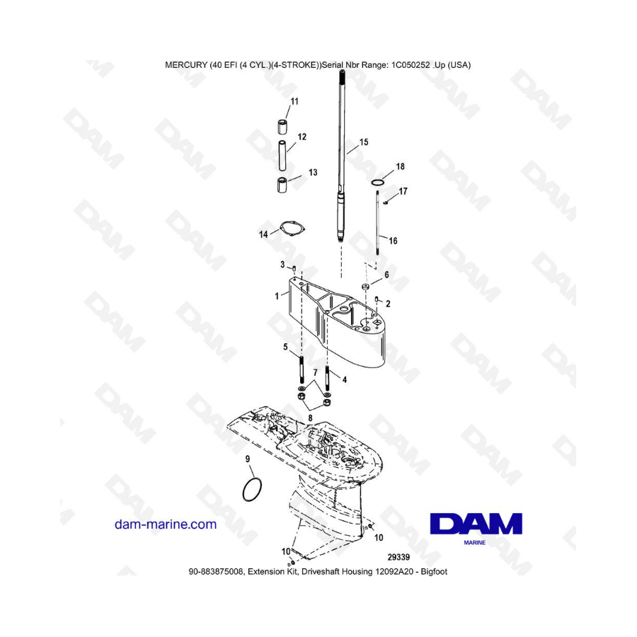 Mercury 40 EFI - Kit de extensión de la carcasa del eje de transmisión - Bigfoot 